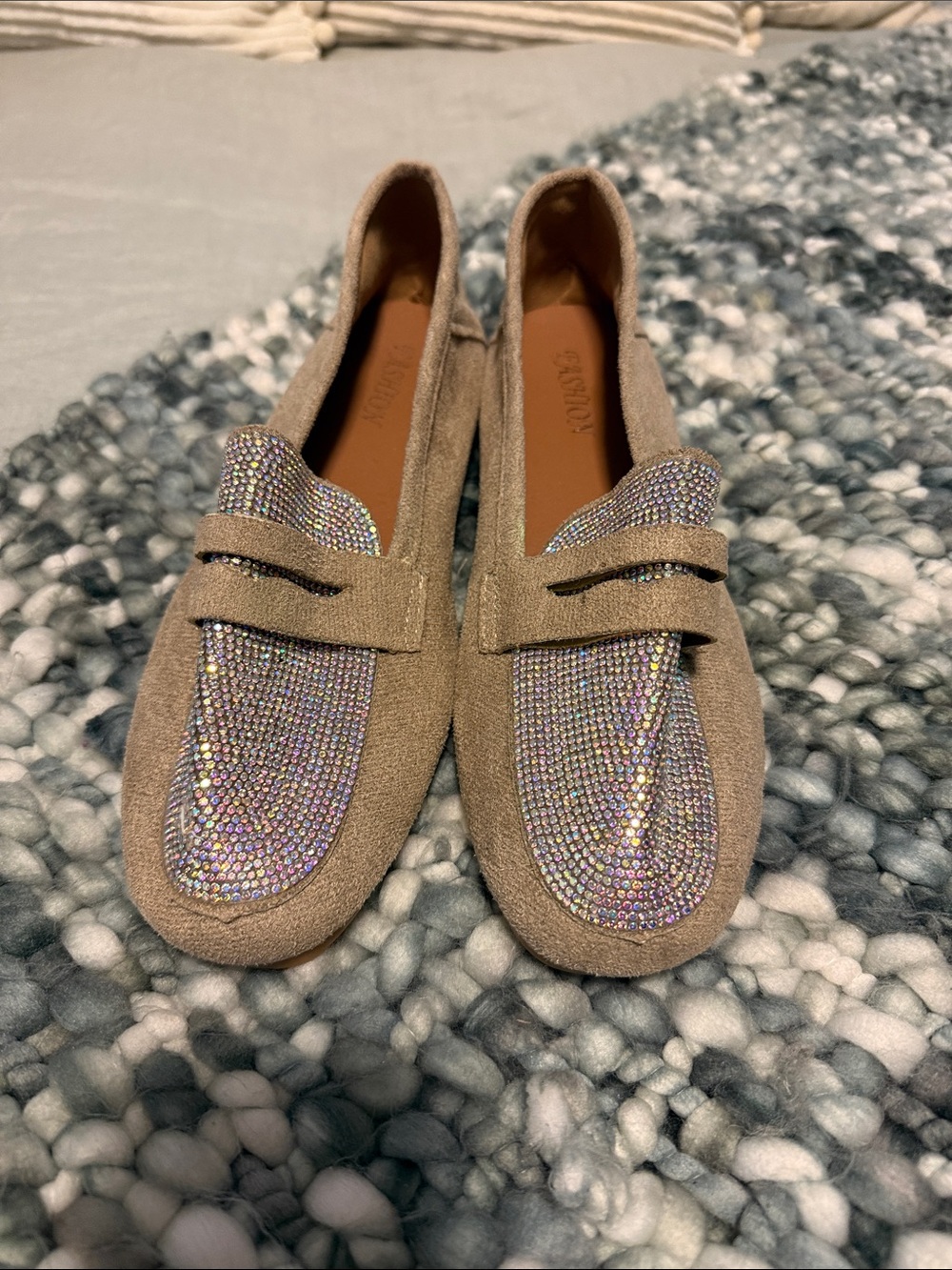 Embellished Taupe Suede Loafers with Crystal Accent NWOT